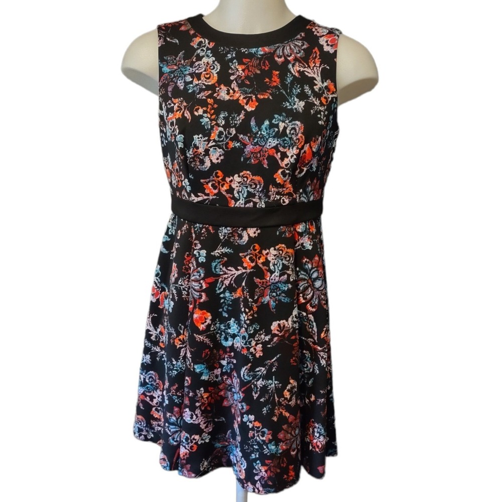 Nine West Black Floral Dress with Red and Blue Accents